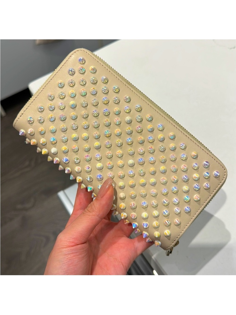 Cream Studded Zip-Around Wallet - Fashionable Women’s Accessory